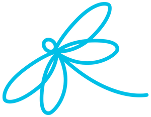 Blue line drawing icon of a dragonfly.