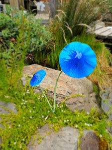 Metal mushroom stake double blue mushrooms to decorate your garden or natural pond