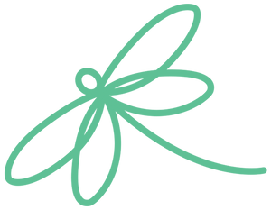 Green line drawing icon of a dragonfly.