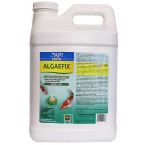 API Pond Algaefix is a water treatment that controls green water algae blooms, string algae or hair algae, and blanketweed in ponds. 1.89 litre bottle of API Pond Algaefix.