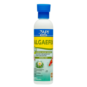 API Pond Algaefix is a water treatment that controls green water algae blooms, string algae or hair algae, and blanketweed in ponds. 237ml bottle of API Pond Algaefix.