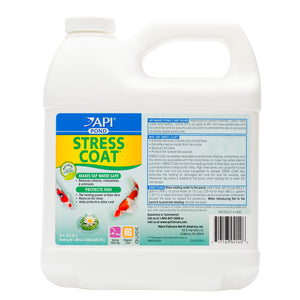 API Pond Stress Coat water treatment to reduce fish stress and heal damaged fins and scales. 1.89 litre bottle of API Pond Stress Coat.
