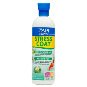 API Pond Stress Coat water treatment to reduce fish stress and heal damaged fins and scales. 473ml bottle of API Pond Stress Coat.