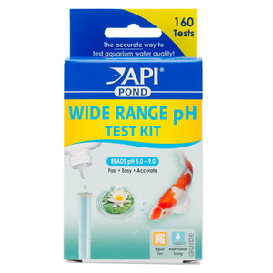 API Pond Wide Range pH Test Kit quickly and accurately measures the pH of pond water, wide range test reads pH levels from 5.0 to 9.0. 160 tests included.