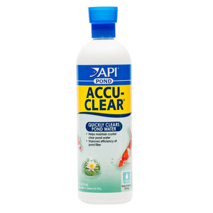 API Pond Accu-Clear water clarifier works to establish and maintain crystal-clear pond water, quickly clearing murkiness and helping your water filter to function more efficiently. 473ml bottle of API Pond Accu-Clear.